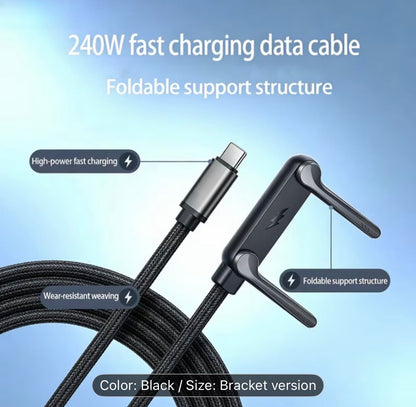 240W Foldable Phone Stand Data Cable | Dual Type-C Super Fast Charging Elbow, Braided Cable, Suitable for Various Phones, USB Data Transmission