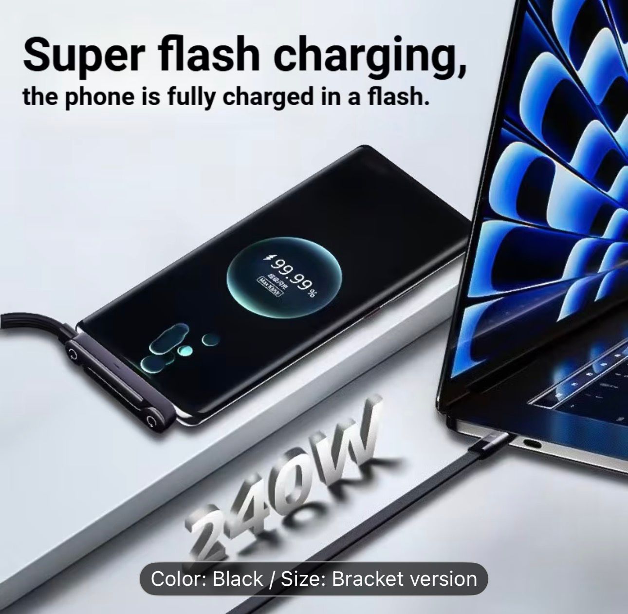 240W Foldable Phone Stand Data Cable | Dual Type-C Super Fast Charging Elbow, Braided Cable, Suitable for Various Phones, USB Data Transmission